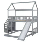 Letto a castello a casetta "Twin over Full" con scivolo e scalini per bambini e ragazzi, struttura in legno con ringhiera di protezione e contenitore