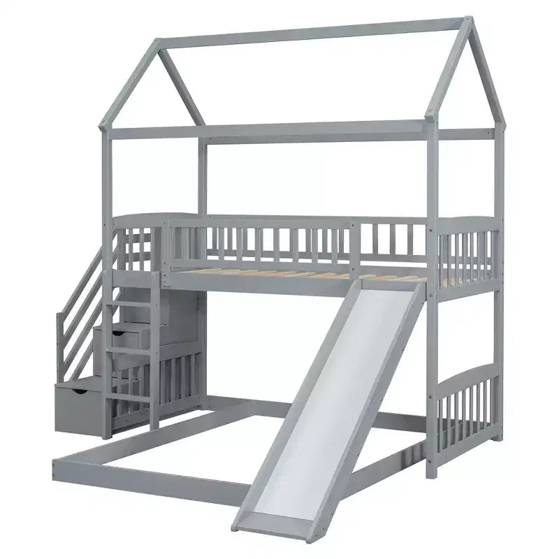 Letto a castello a casetta "Twin over Full" con scivolo e scalini per bambini e ragazzi, struttura in legno con ringhiera di protezione e contenitore