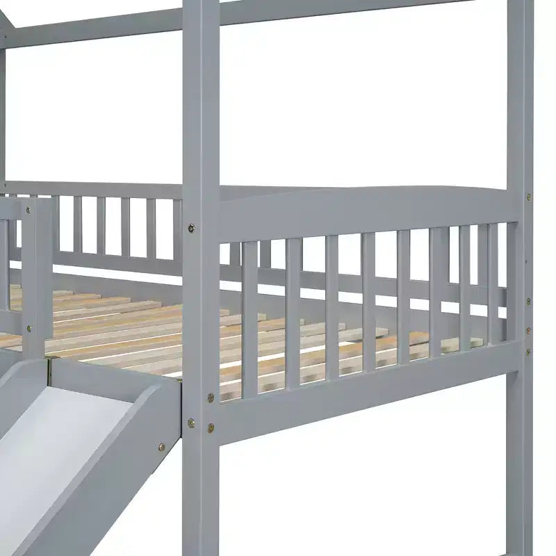 Letto a castello a casetta "Twin over Full" con scivolo e scalini per bambini e ragazzi, struttura in legno con ringhiera di protezione e contenitore