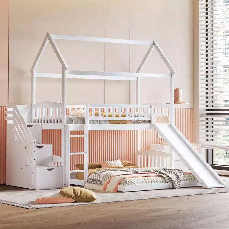Letto a castello a casetta "Twin over Full" con scivolo e scalini per bambini e ragazzi, struttura in legno con ringhiera di protezione e contenitore