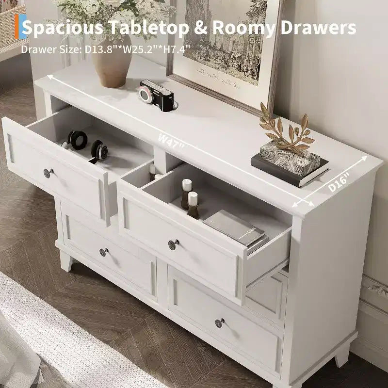 COZONY Cassettiera a 6 cassetti in stile rustico, colore bianco, mobile TV doppio con maniglie vintage, cassettiera in legno per camera da letto, soggiorno, corridoio