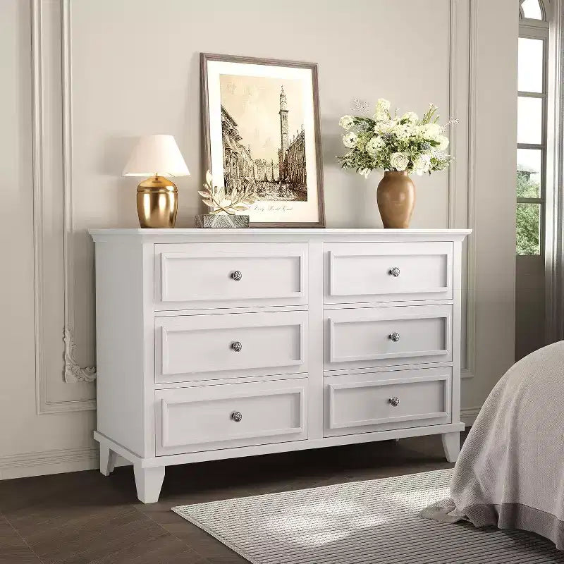 COZONY Cassettiera a 6 cassetti in stile rustico, colore bianco, mobile TV doppio con maniglie vintage, cassettiera in legno per camera da letto, soggiorno, corridoio
