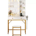 Small Makeup Vanity Desk with Mirror & Lights - 2 Drawers, Stool, Power Outlet & Open Shelves, Compact Vanity Table for Bedroom