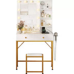 Small Makeup Vanity Desk with Mirror & Lights - 2 Drawers, Stool, Power Outlet & Open Shelves, Compact Vanity Table for Bedroom