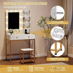 Piccola Toeletta da Trucco con Specchio e Luci - 2 Cassetti, Sgabello, Presa Elettrica e Ripiani Aperti, Tavolo da Trucco Compatto per Camera da Letto