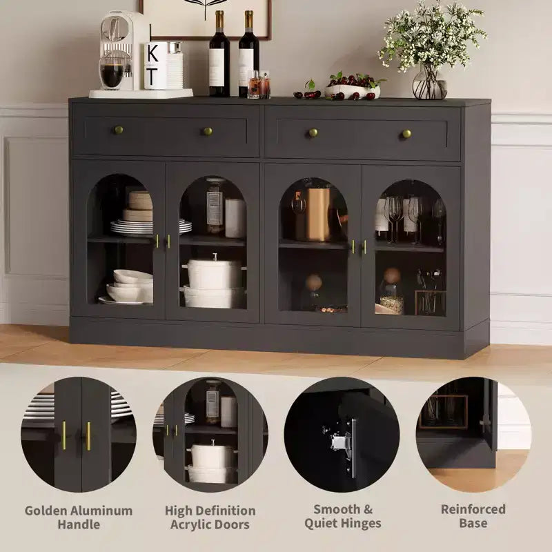 55Mobile credenza da fattoria con contenitore, Grande mobile credenza da cucina con 4 ante in acrilico e 2 cassetti, Tavolino da caffè moderno per la sala da pranzo