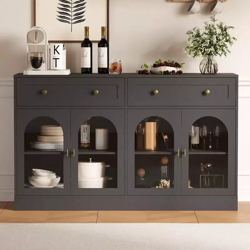 55Mobile credenza da fattoria con contenitore, Grande mobile credenza da cucina con 4 ante in acrilico e 2 cassetti, Tavolino da caffè moderno per la sala da pranzo