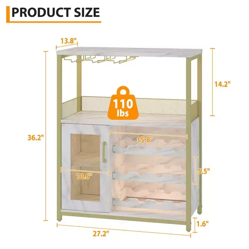 Mobiletto per vino CuisinSmart con portabottiglie e portacalici, mobiletto moderno con anta a rete, credenza a buffet in stile industriale per angolo bar