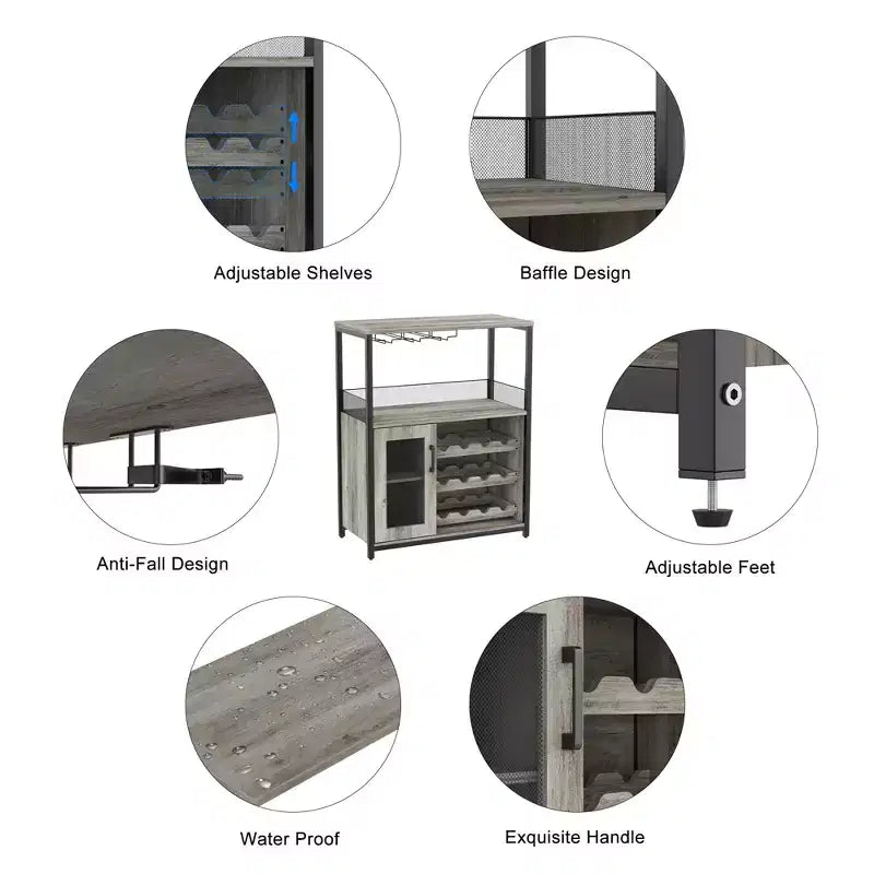 Mobiletto per vino CuisinSmart con portabottiglie e portacalici, mobiletto moderno con anta a rete, credenza a buffet in stile industriale per angolo bar