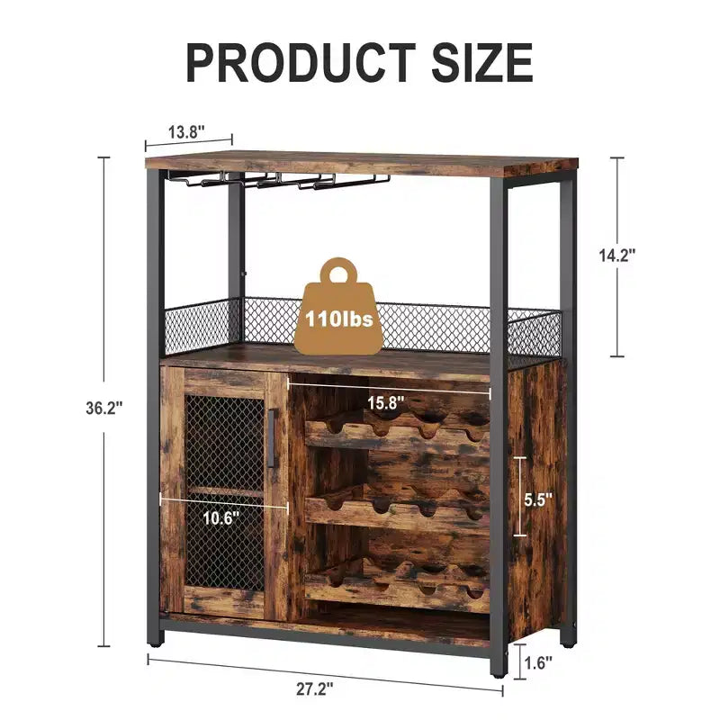 Mobiletto per vino CuisinSmart con portabottiglie e portacalici, mobiletto moderno con anta a rete, credenza a buffet in stile industriale per angolo bar