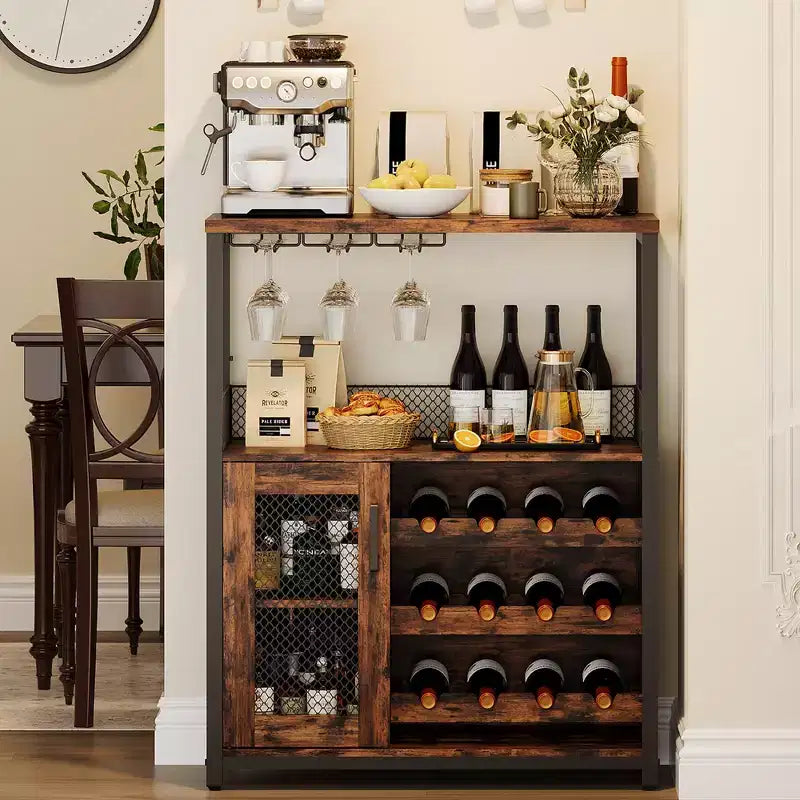 Mobiletto per vino CuisinSmart con portabottiglie e portacalici, mobiletto moderno con anta a rete, credenza a buffet in stile industriale per angolo bar