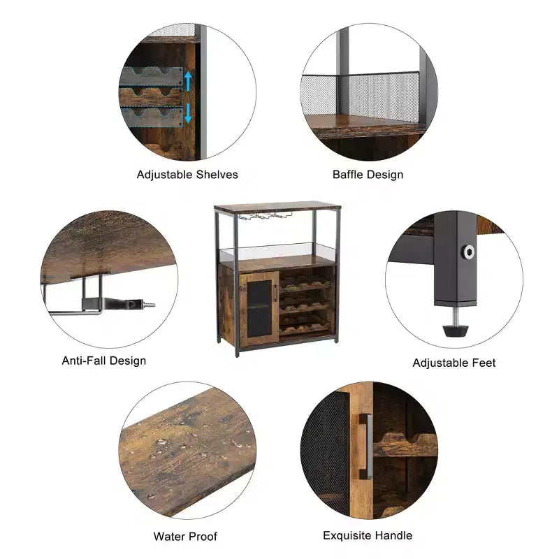 Mobiletto per vino CuisinSmart con portabottiglie e portacalici, mobiletto moderno con anta a rete, credenza a buffet in stile industriale per angolo bar