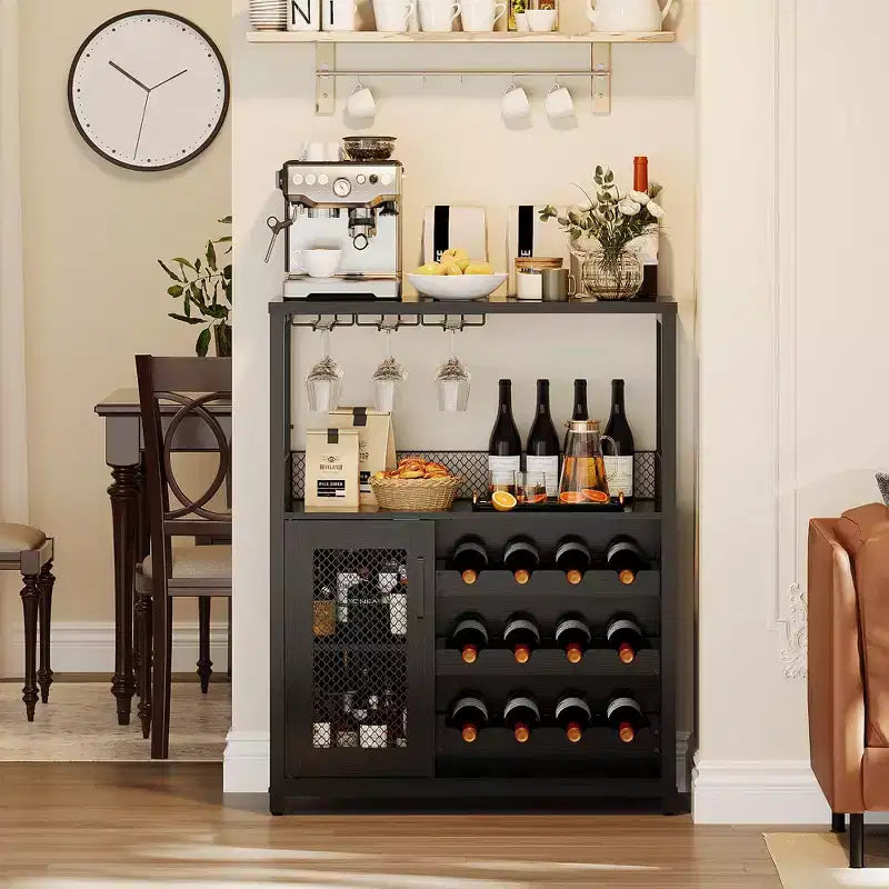 Mobiletto per vino CuisinSmart con portabottiglie e portacalici, mobiletto moderno con anta a rete, credenza a buffet in stile industriale per angolo bar