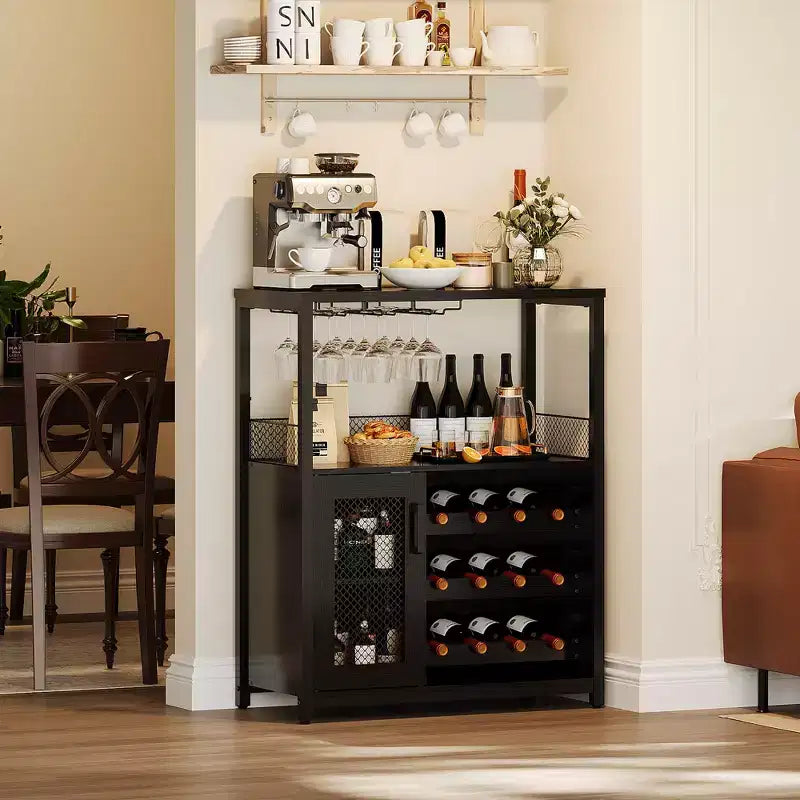 Mobiletto per vino CuisinSmart con portabottiglie e portacalici, mobiletto moderno con anta a rete, credenza a buffet in stile industriale per angolo bar