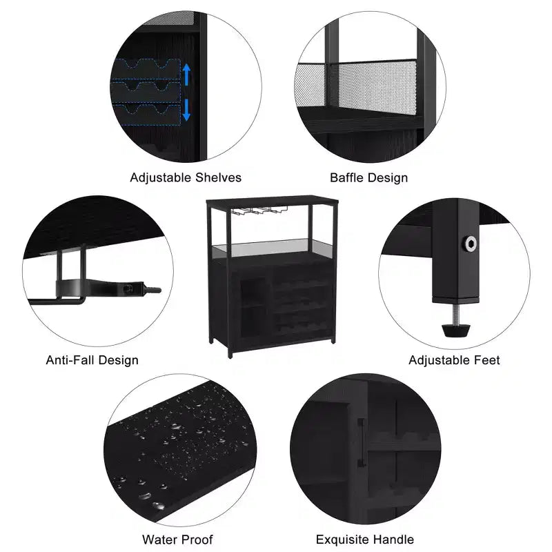 Mobiletto per vino CuisinSmart con portabottiglie e portacalici, mobiletto moderno con anta a rete, credenza a buffet in stile industriale per angolo bar