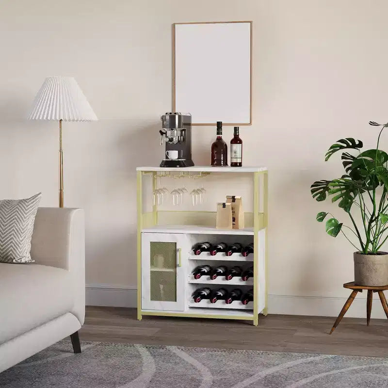 Mobiletto per vino CuisinSmart con portabottiglie e portacalici, mobiletto moderno con anta a rete, credenza a buffet in stile industriale per angolo bar