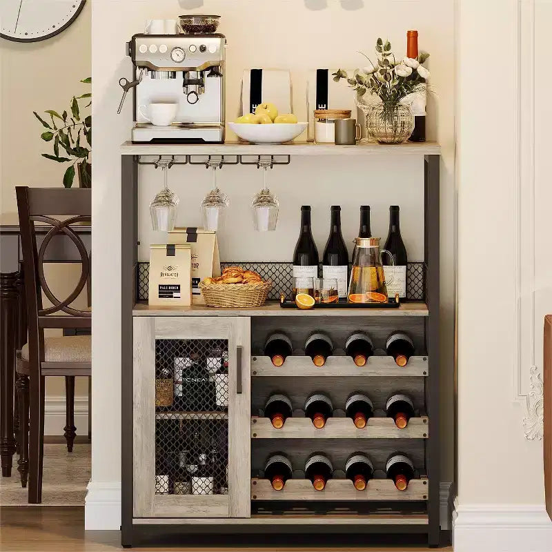 Mobiletto per vino CuisinSmart con portabottiglie e portacalici, mobiletto moderno con anta a rete, credenza a buffet in stile industriale per angolo bar