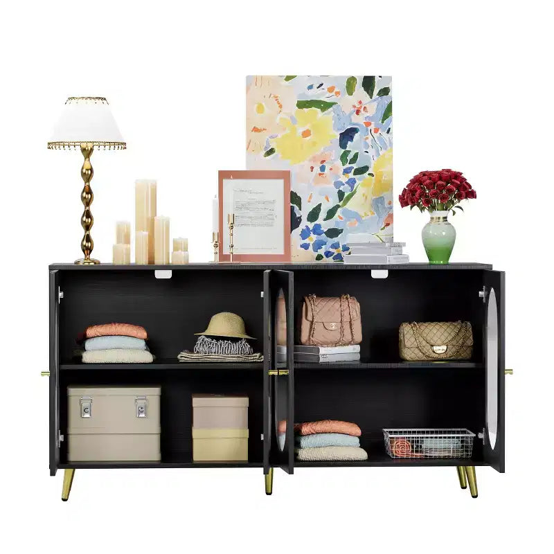 Homy Casa Credenza Decorativa a 4 Ante con Ante Scanalate e Gambe in Metallo per Soggiorno o Sala da Pranzo, Nera