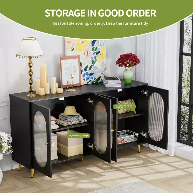 Homy Casa Credenza Decorativa a 4 Ante con Ante Scanalate e Gambe in Metallo per Soggiorno o Sala da Pranzo, Nera