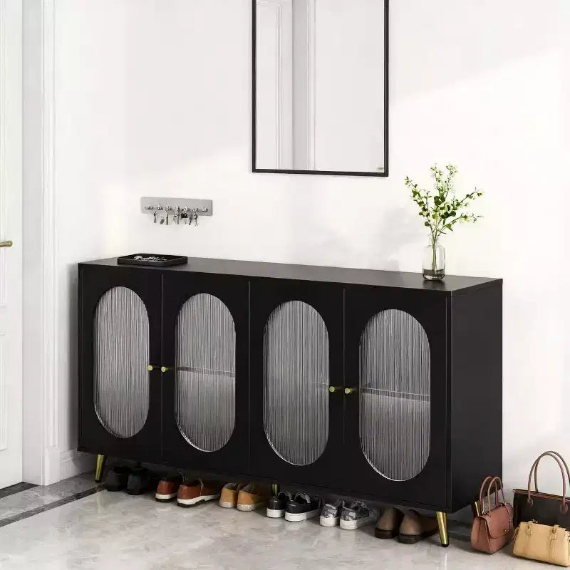 Homy Casa Credenza Decorativa a 4 Ante con Ante Scanalate e Gambe in Metallo per Soggiorno o Sala da Pranzo, Nera