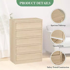 Cassettiera a 5 cassetti per camera da letto, cassettiera alta moderna a 5 cassetti con cassetti grandi, organizer in legno per soggiorno, asilo nido, ingresso, naturale