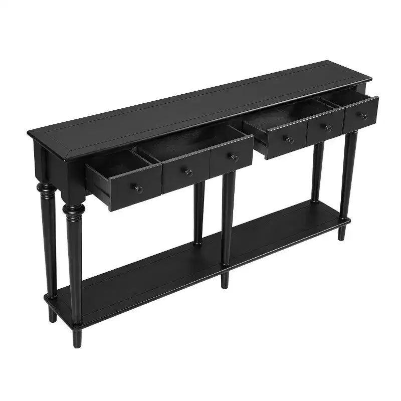 Okak Tavolo da Ingresso Retro 59.8IN con 4 Cassetti, Consolle Stretta con Ripiani Aperti, Tavolo da Corridoio per Soggiorno, Ingresso, Nero