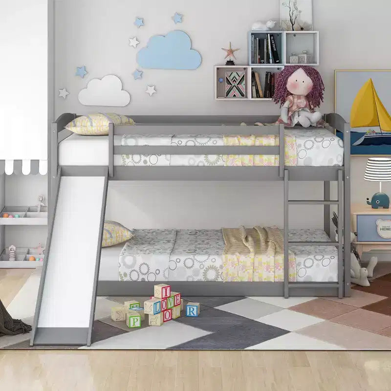 Okak 79.3IN Twin-Over-Twin Bunk Bed with Ladder, Kids Bunk Beds with Slide and Safety Guardrail, Bed Frames for Kids Room, Play Room, Gray