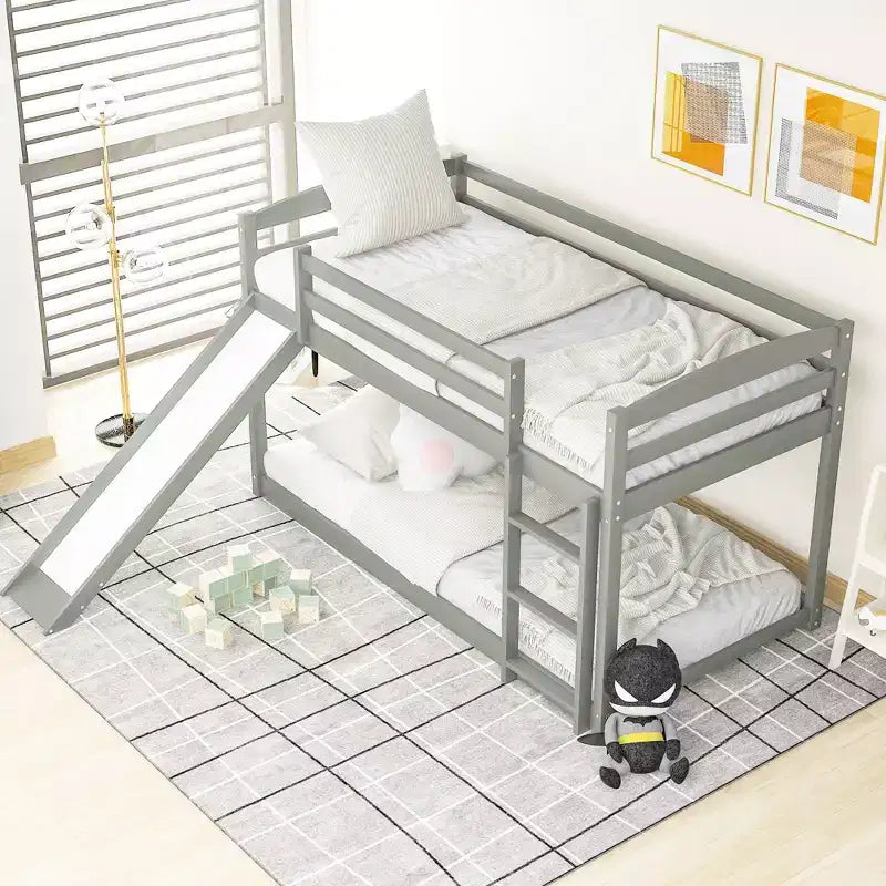 Okak 79.3IN Letto a Castello Doppio con Scaletta, Letti a Castello per Bambini con Scivolo e Sponde di Sicurezza, Struttura Letto per Camera Bambini, Sala Giochi, Grigio