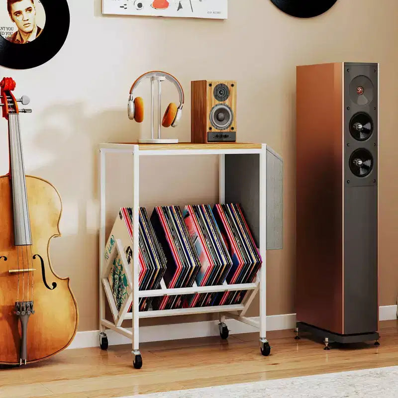 Mobile per Giradischi Costway con Porta Dischi in Vinile e Tasca Laterale, Ruote Girevoli Marrone/Naturale