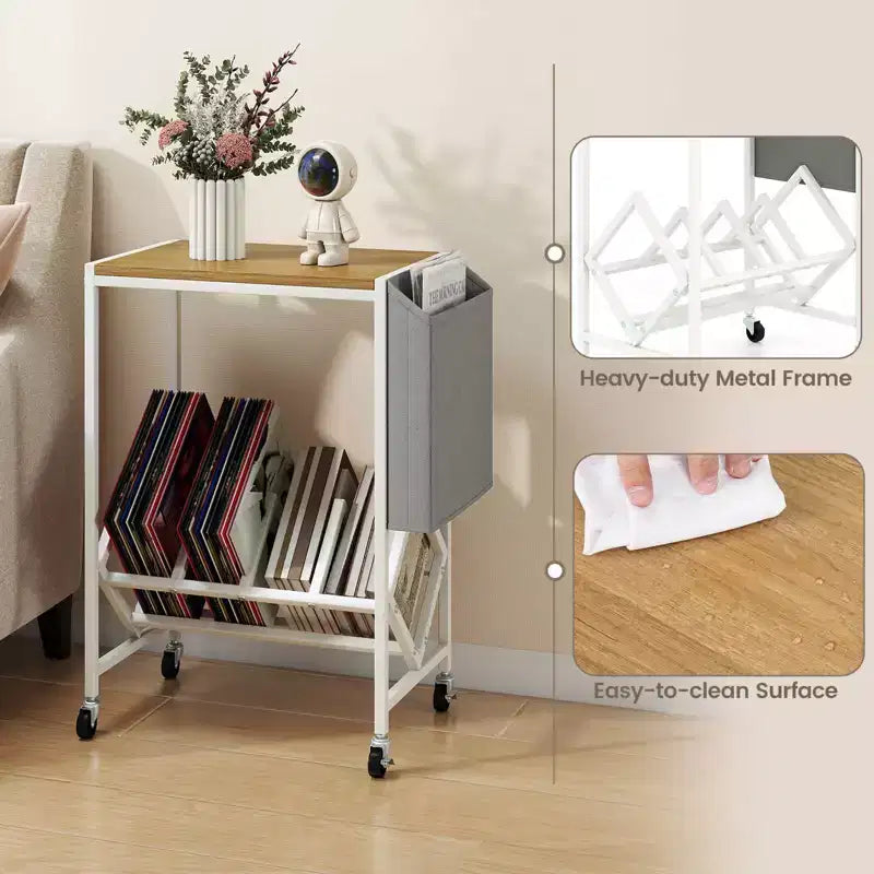 Mobile per Giradischi Costway con Porta Dischi in Vinile e Tasca Laterale, Ruote Girevoli Marrone/Naturale