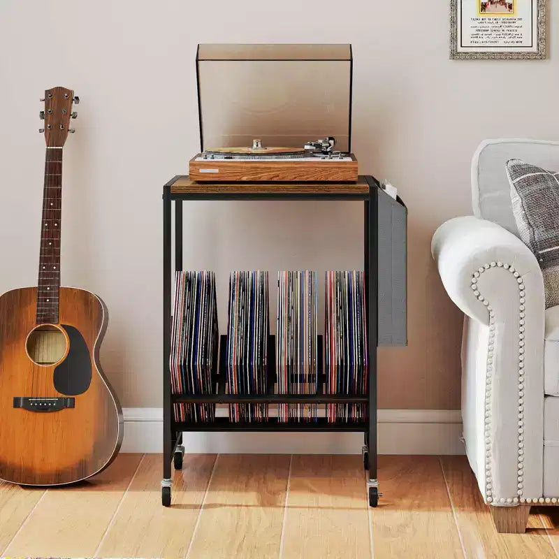Mobile per Giradischi Costway con Porta Dischi in Vinile e Tasca Laterale, Ruote Girevoli Marrone/Naturale