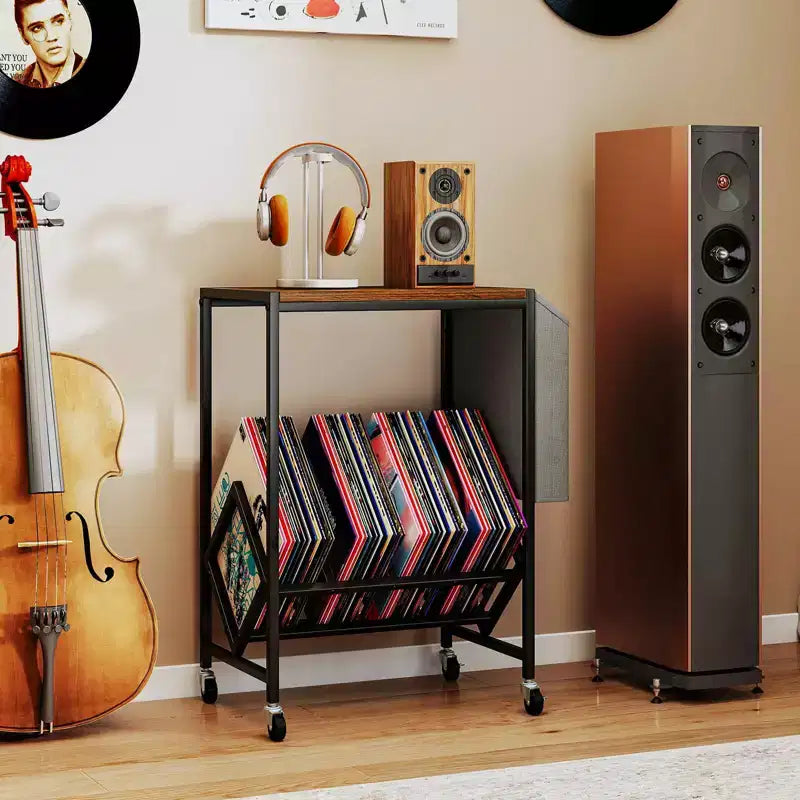 Mobile per Giradischi Costway con Porta Dischi in Vinile e Tasca Laterale, Ruote Girevoli Marrone/Naturale