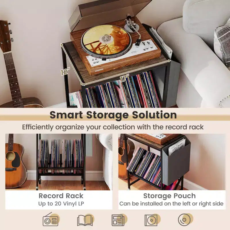 Mobile per Giradischi Costway con Porta Dischi in Vinile e Tasca Laterale, Ruote Girevoli Marrone/Naturale