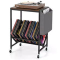 Costway Record Player Stand with Vinyl Record Storage & Side Storage Pouch, Swivel Wheels Brown/Natural