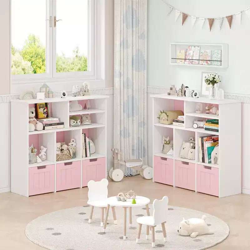 Libreria per bambini con 3 cassetti rimovibili e 6 armadietti, scaffale portaoggetti per giocattoli e libri per la cameretta dei bambini, la sala giochi e l'asilo nido