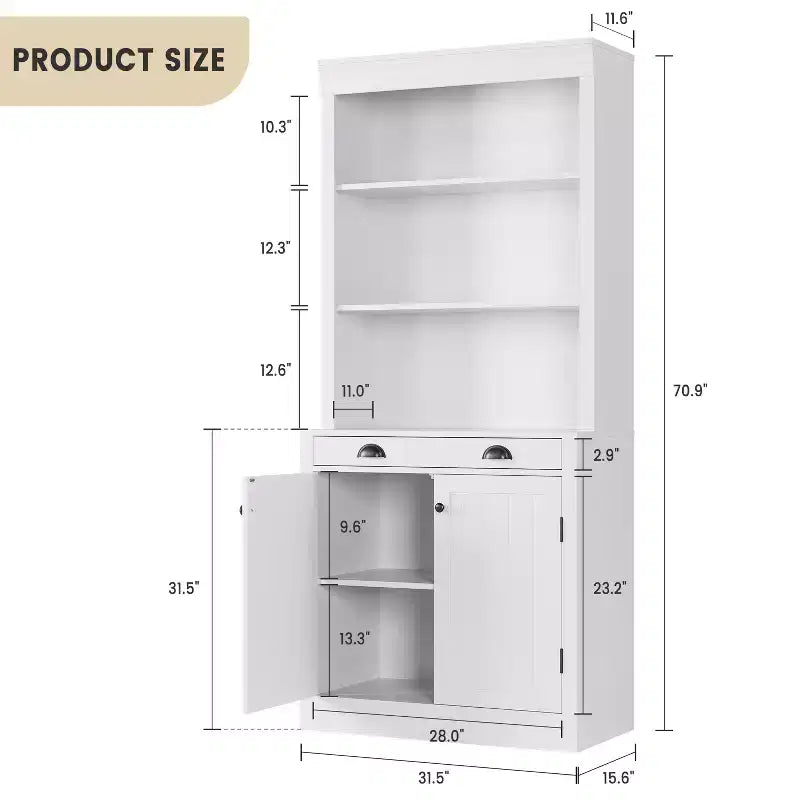 Libreria con Ante, Scaffale a 5 Ripiani da Pavimento a Soffitto con 1 Cassetto, Libreria Alta 180 cm Bianca per Ufficio Domestico, Soggiorno