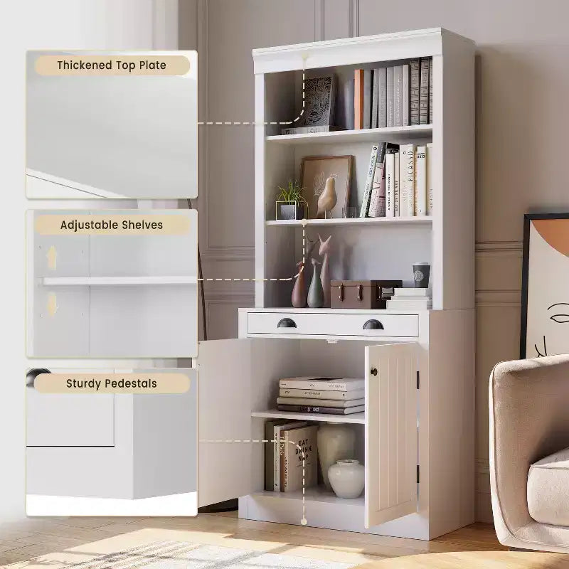 Libreria con Ante, Scaffale a 5 Ripiani da Pavimento a Soffitto con 1 Cassetto, Libreria Alta 180 cm Bianca per Ufficio Domestico, Soggiorno