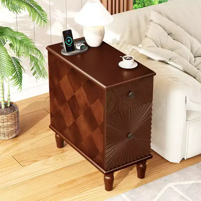Whisen Tavolino e Comodino Moderno e Stretto con 2 Cassetti per Soggiorno, Camera da Letto - Noce
