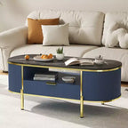 Tavolino da caffè moderno scanalato, tavolino ovale da 48 pollici con cassetti, piano in finto marmo, finiture in metallo, tavolino da centro in rovere naturale per soggiorno