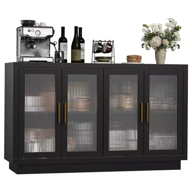 Black Buffet Sideboard Cabinet with 4 Glass Doors and Adjustable Shelves, Modern Dining Room Storage