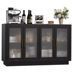 Black Buffet Sideboard Cabinet with 4 Glass Doors and Adjustable Shelves, Modern Dining Room Storage