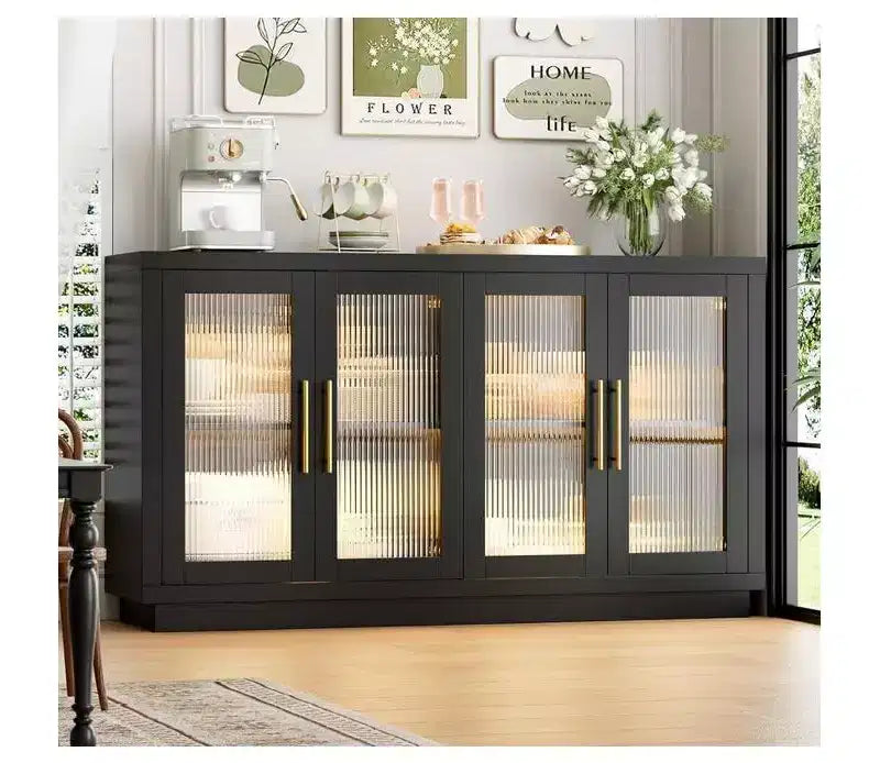 Mobile credenza nero con 4 ante in vetro e ripiani regolabili, moderno contenitore per sala da pranzo