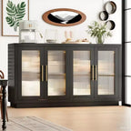 Mobile credenza nero con 4 ante in vetro e ripiani regolabili, moderno contenitore per sala da pranzo