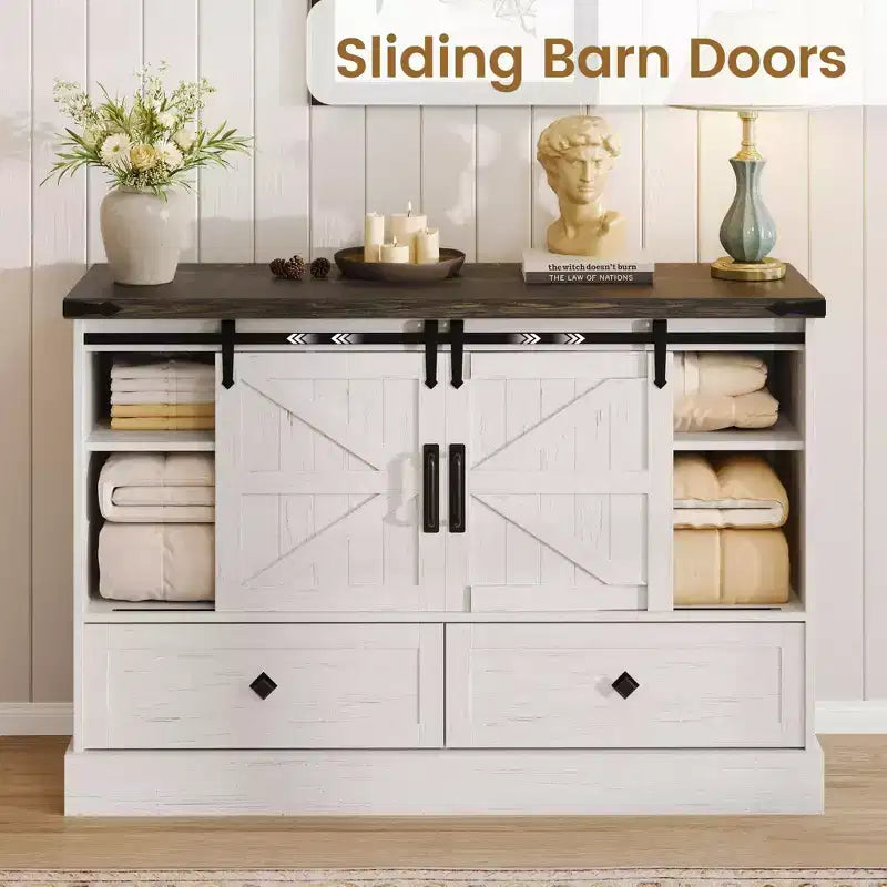 Farmhouse 4-Drawer Dresser with Sliding Barn Doors, 45 TV Stand and Storage Chest