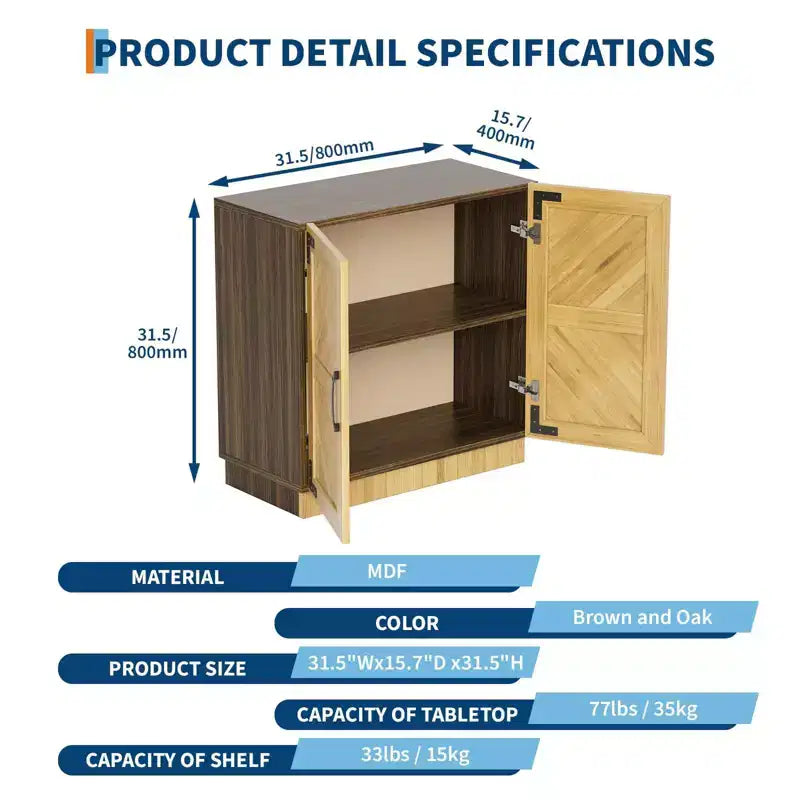 TruAIR Credenza/Mobile Contenitore, 80cm Credenza da Cucina Piccola Stile Fattoria Mobile Contenitore per Caffè con Ripiani Regolabili per Soggiorno Ingresso