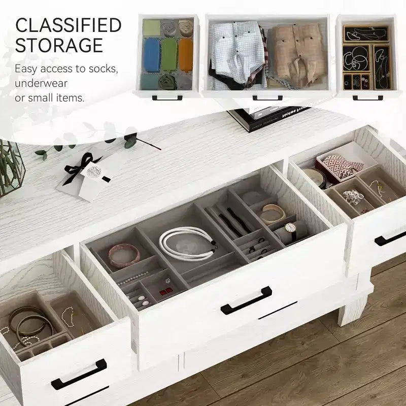 Comò a 7 cassetti, cassettiera moderna in legno per camera da letto con cassetti contenitori, mobile TV in stile rustico per soggiorno, camera da letto, corridoio, bianco