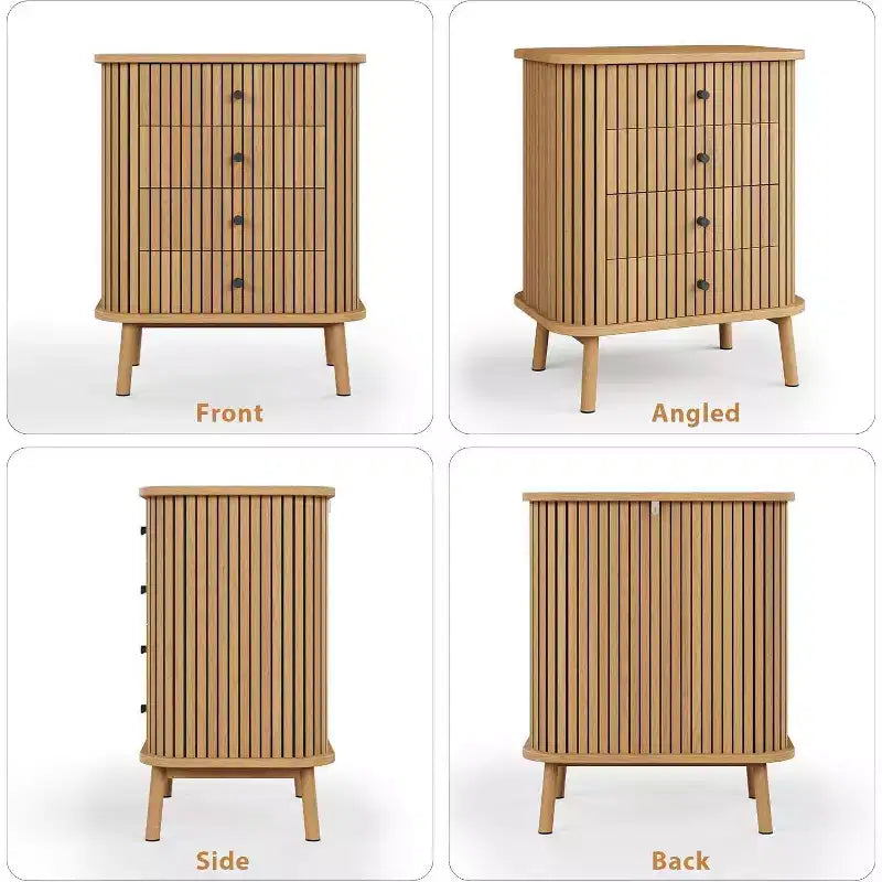 Cassettiere a 4 cassetti, comò per camera da letto, comodino, ampio contenitore, comò bohémien in vimini con maniglie nere opache e gambe in legno