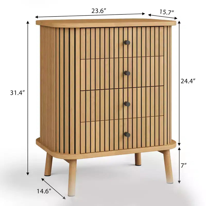 Cassettiere a 4 cassetti, comò per camera da letto, comodino, ampio contenitore, comò bohémien in vimini con maniglie nere opache e gambe in legno