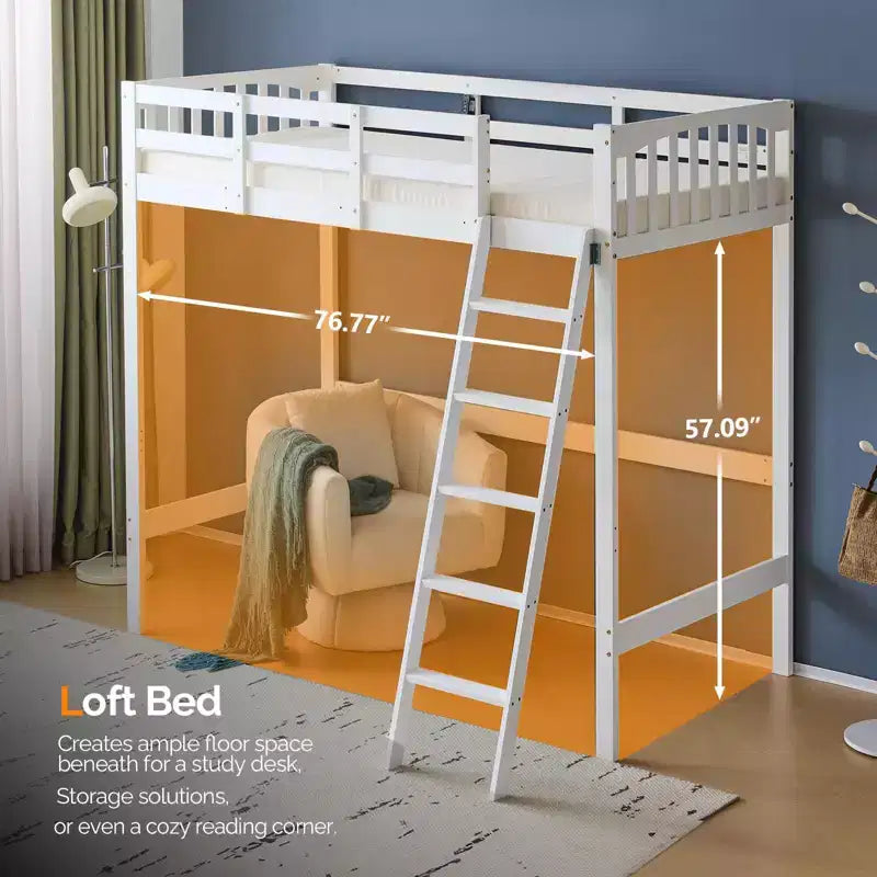 Letto a soppalco singolo VINGLI in legno con stazione di ricarica/LED, pioli piatti, sponda alta 15 pollici, supporto a doghe in legno senza bisogno di molle, Bianco
