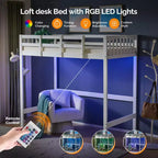 Letto a soppalco singolo VINGLI in legno con stazione di ricarica/LED, pioli piatti, sponda alta 15 pollici, supporto a doghe in legno senza bisogno di molle, Bianco